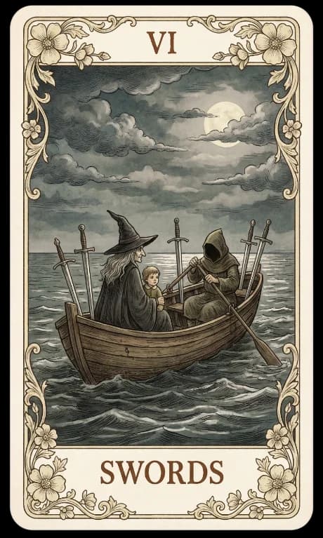 Six of Swords in the Wildflower deck style
