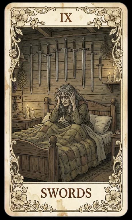 Nine of Swords in the Wildflower deck style