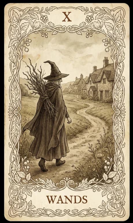 Ten of Wands in the Wildflower deck style