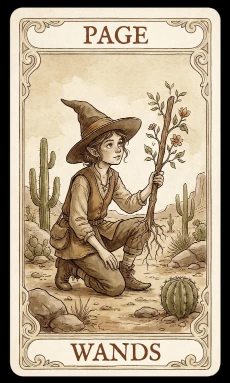 Page of Wands in the Wildflower deck style