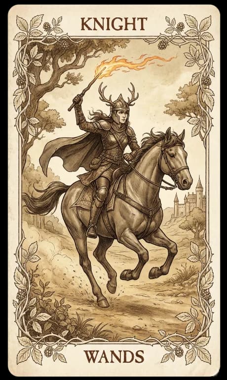 Knight of Wands in the Wildflower deck style