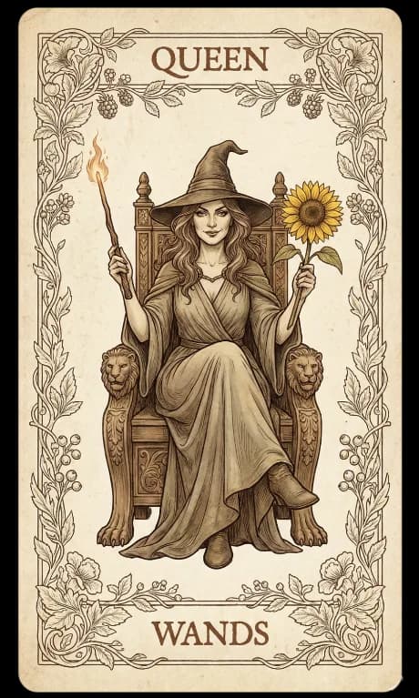 Queen of Wands in the Wildflower deck style