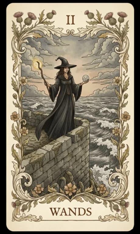 Two of Wands in the Wildflower deck style