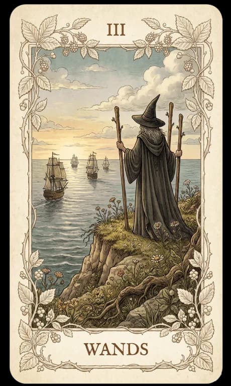 Three of Wands in the Wildflower deck style