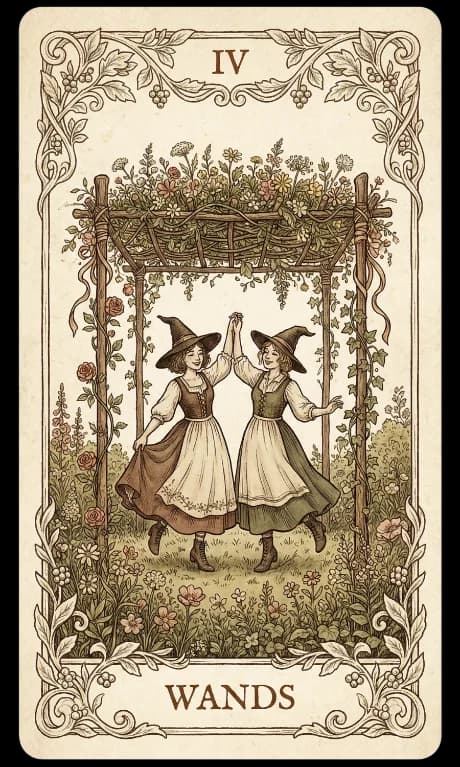 Four of Wands in the Wildflower deck style