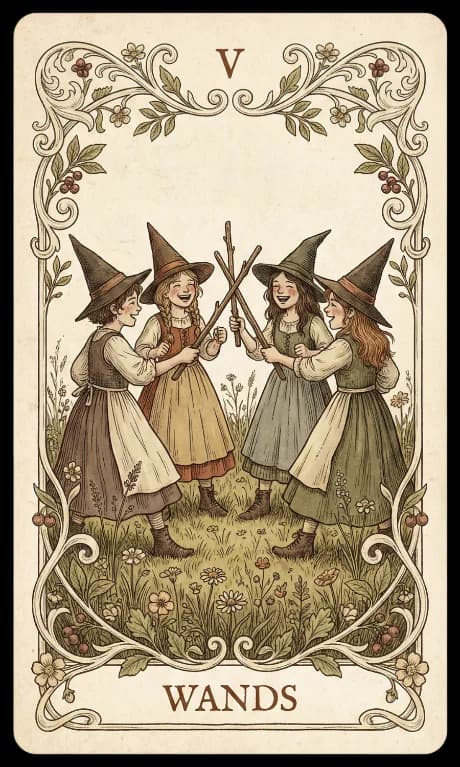 Five of Wands in the Wildflower deck style