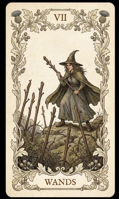 Seven of Wands in the Wildflower deck style