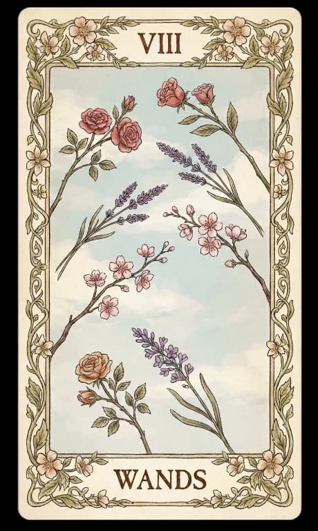 Eight of Wands in the Wildflower deck style