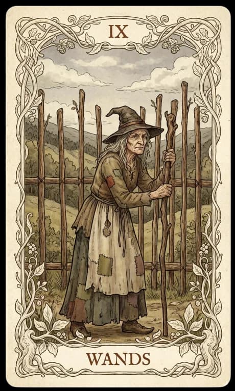 Nine of Wands in the Wildflower deck style