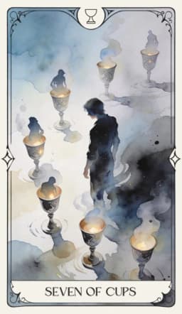 Seven of Cups in the Aquarelle deck style