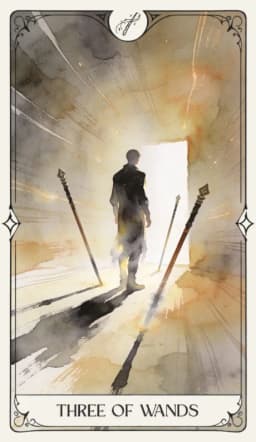 Three of Wands in the Aquarelle deck style