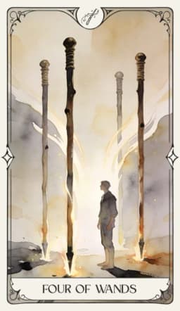 Four of Wands in the Aquarelle deck style