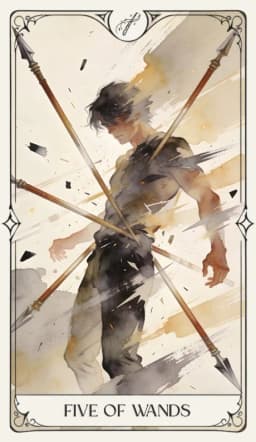 Five of Wands in the Aquarelle deck style