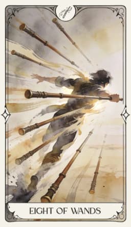Eight of Wands in the Aquarelle deck style