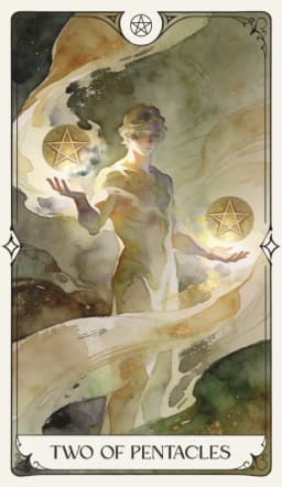 Two of Pentacles in the Aquarelle deck style