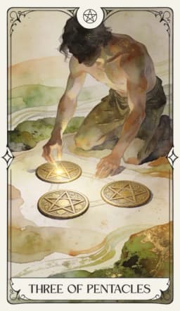 Three of Pentacles in the Aquarelle deck style
