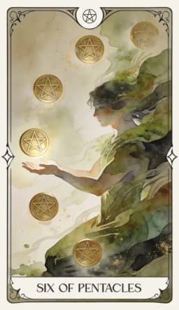 Six of Pentacles in the Aquarelle deck style