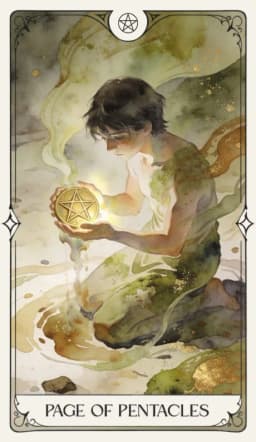 Page of Pentacles in the Aquarelle deck style