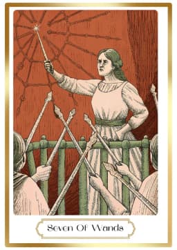 Seven of Wands in the Heirloom deck style