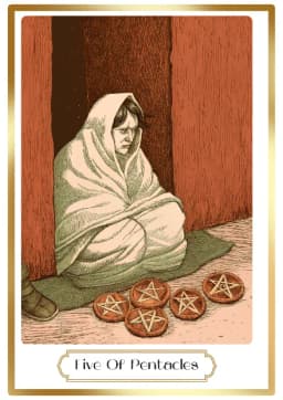 Five of Pentacles in the Heirloom deck style