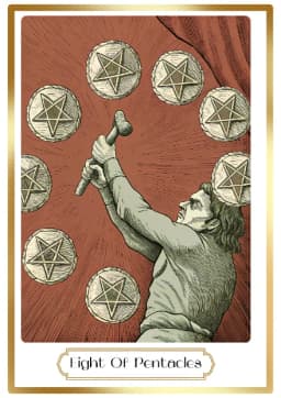 Eight of Pentacles in the Heirloom deck style
