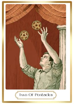 Two of Pentacles in the Heirloom deck style