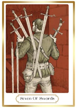 Seven of Swords in the Heirloom deck style