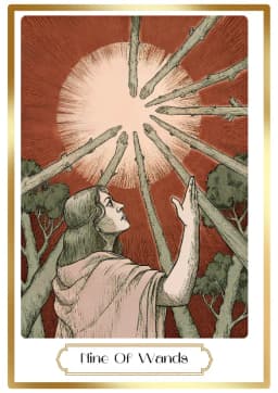 Nine of Wands in the Heirloom deck style