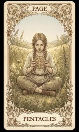 Page of Pentacles in the Wildflower deck style