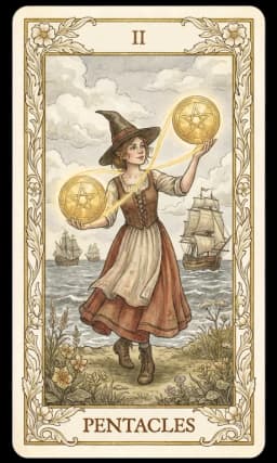 Two of Pentacles in the Wildflower deck style