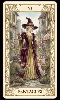 Six of Pentacles in the Wildflower deck style