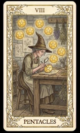 Eight of Pentacles in the Wildflower deck style