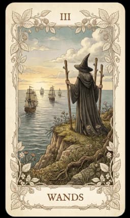Three of Wands in the Wildflower deck style