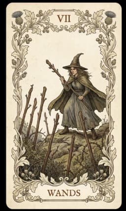 Seven of Wands in the Wildflower deck style
